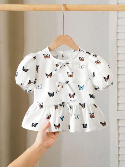 SHEIN 年轻女孩图案印花休闲短袖衬衫，简约时尚，适合日常穿着