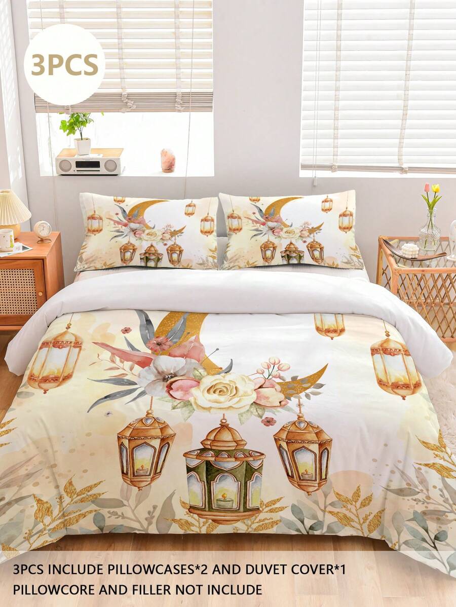 3 pièces Ensemble de housse de couette avec lanterne fleur et lune, comprend : 2 taies d'oreiller + 1 housse de couette zippée (sans insert/rembourrage), 100% polyester, doux et agréable pour la peau, convient pour la chambre, le dortoir, le camping et les vacances, toutes saisons - Multicolore - Voir 1