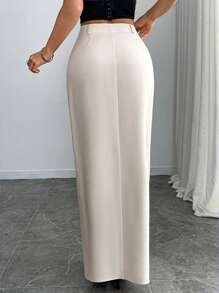 INAWLY Women Plain Color Slit Simple Casual Skirt - Apricot - View 2