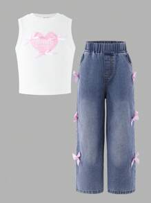 SHEIN 斋月休闲年轻女孩 2 件套心形和蝴蝶结图案 T 恤和牛仔裤 - 藍色 - 查看 7