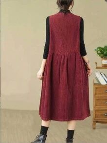 Autumn/Winter Casual Solid Color Double Pocket Front Button Sleeveless Dress - Red - View 2