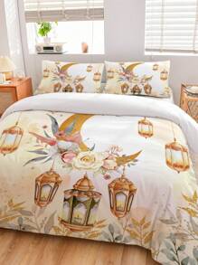 3 pièces Ensemble de housse de couette avec lanterne fleur et lune, comprend : 2 taies d'oreiller + 1 housse de couette zippée (sans insert/rembourrage), 100% polyester, doux et agréable pour la peau, convient pour la chambre, le dortoir, le camping et les vacances, toutes saisons - Multicolore - Voir 5