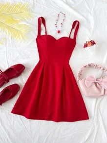 Soleia Gaun Mini Slip A-Line Merah dengan Pita di Belakang dan Punggung Terbuka untuk Wanita, Ideal untuk Liburan, Festival Musik, Gaya Boho, Hari Raya, Kencan, Hari Valentine - Merah - View 3