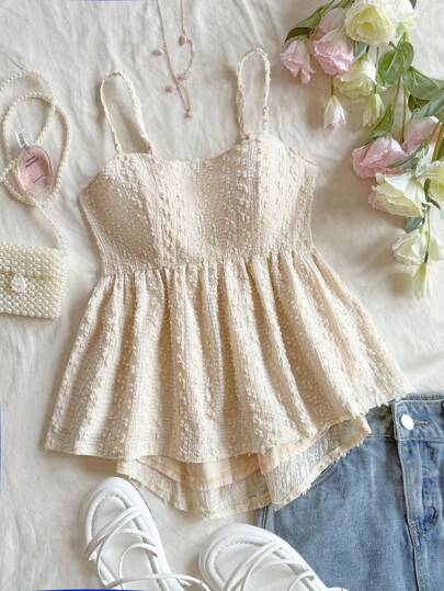 Soleia WYWH 女士夏季度假、毕业、婚礼、返校、复活节派对午餐吊带背心。可爱、休闲、甜美、浪漫、花卉纹理、细肩带、松紧腰、飘逸不对称下摆、杏色上衣