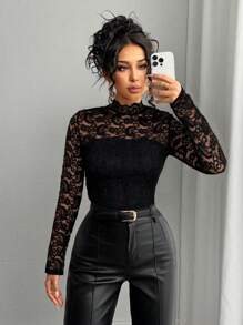 Chiquease Women French Elegant Lace Long Sleeve T-Shirt, Minimalist Fashion Casual For Daily Wear Fall Cloth For Women