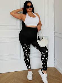 INAWLY 大码高腰印花修身打底裤，日常休闲穿着 - 黑與白 - 查看 4