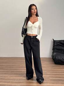 Flirla Lace Knit Sexy Form-Fitting Comfortable Women Long Sleeve Top, Versatile European & American Style
