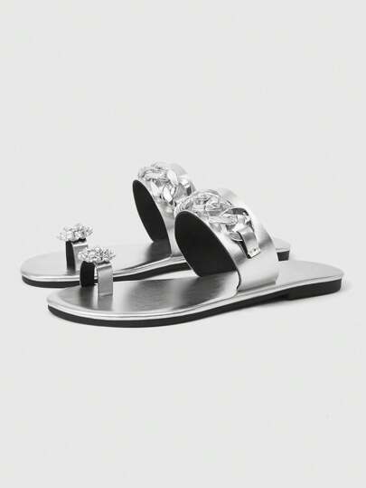 Grunge Punk Women's Summer Open Toe Silver Sandals, Soft Bottom Rhinestone Glitter Thong Sandals, Roman Beach Holiday Flat Sandals