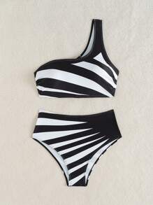 SHEIN Swim Bộ bikini một vai phối màu mới mùa hè 2 món/bộ và quần bơi cạp cao, bộ bikini thể thao thường ngày cho nữ - Đen và trắng - Xem 6