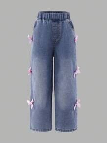 SHEIN 斋月休闲年轻女孩 2 件套心形和蝴蝶结图案 T 恤和牛仔裤 - 藍色 - 查看 4