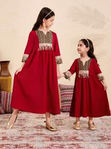 SHEIN Tween Girls' Loose Casual Sequins Tassel Print Colorblock Dress - Burgundy - View 4