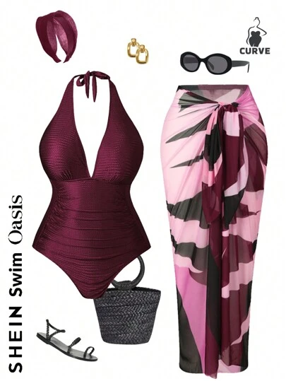 Swim Oasis 加大码纯色吊带连体泳衣连体泳衣和拼色罩衫裙，女士巡航装 3 件套泳衣泳衣套装沙滩装女士夏季