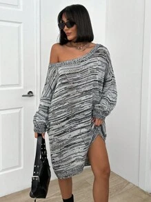 EURMUSE Silver-Threaded Mixed Knitted Knitted Casual Long Sleeve Pullover Sweater - Black and White - View 1