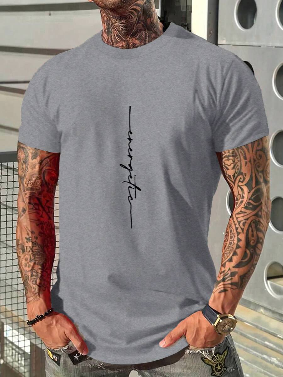 RueChic Men's Letter Print Round Neck Short Sleeve Casual T-Shirt - Grey - View 1