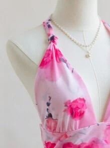 Soleia Vestido corto de mujer con estampado de flor de rosa romántica del Día de San Valentín, tipo halter, para vacaciones - Rosa - Ver 4