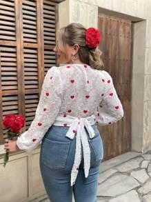 Franclia Blusa casual de manga larga con escote en V y estampado de corazón para tallas grandes