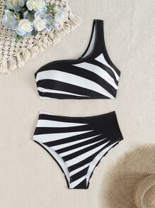 SHEIN Swim Bộ bikini một vai phối màu mới mùa hè 2 món/bộ và quần bơi cạp cao, bộ bikini thể thao thường ngày cho nữ - Đen và trắng - Xem 2