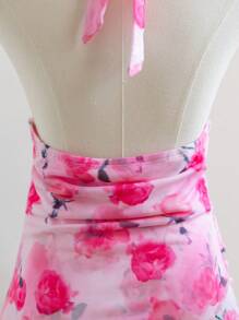 Soleia Vestido corto de mujer con estampado de flor de rosa romántica del Día de San Valentín, tipo halter, para vacaciones - Rosa - Ver 3