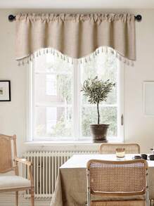 1pc Beige S-Shaped Tassel Curtain/Valance, Flax-Like Material, Partition Curtain For Window/Door Decor, Suitable For Party, Living Room, Bedroom
