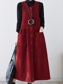 Autumn/Winter Casual Solid Color Double Pocket Front Button Sleeveless Dress - Red - View 4