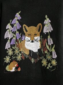 ROMWE Fairycore Women Plus Size Cottage Core Style Fox & Floral Embroidery Knit Sweater - Black - View 5