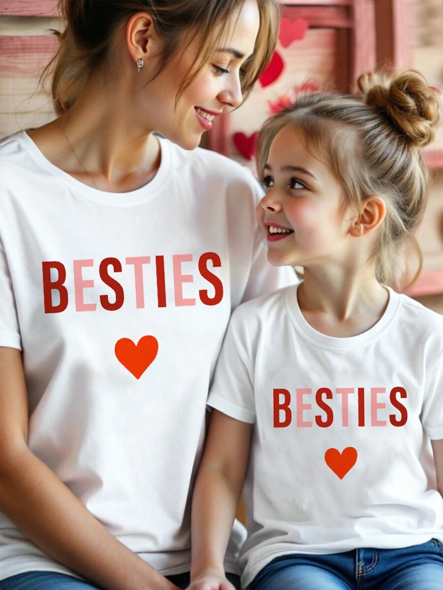 SHEIN Mother-Daughter Matching "Mama Is My Bestie" Casual Short Sleeve Crew Neck Blouse For Baby Girl, Suitable For Spring & Summer - White - View 1