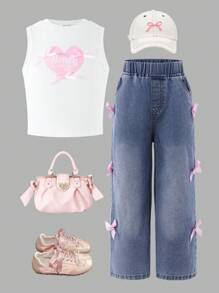 SHEIN 斋月休闲年轻女孩 2 件套心形和蝴蝶结图案 T 恤和牛仔裤 - 藍色 - 查看 1