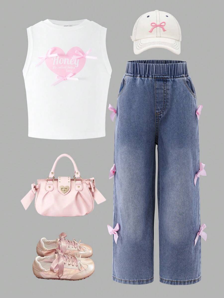 SHEIN 斋月休闲年轻女孩 2 件套心形和蝴蝶结图案 T 恤和牛仔裤 - 藍色 - 查看 1