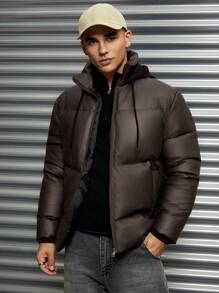 SHEIN Cottnline Men's Basic PU Fabric Thermal Lined Hoodie, Slim Fit Padded Coat - Brown - View 6