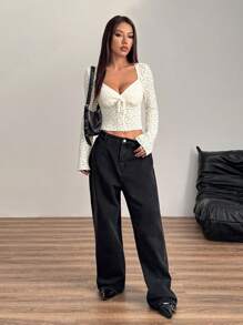 Flirla Lace Knit Sexy Form-Fitting Comfortable Women Long Sleeve Top, Versatile European & American Style
