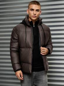 SHEIN Cottnline Men's Basic PU Fabric Thermal Lined Hoodie, Slim Fit Padded Coat - Brown - View 7