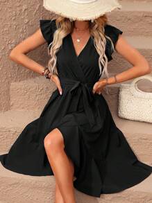 SHEIN LUNE Butterfly Sleeve Ruffle Trim Wrap Hem Belted Dress Maxi Women Outfit - Black - View 6