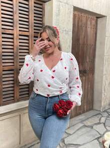 Franclia Blusa casual de manga larga con escote en V y estampado de corazón para tallas grandes