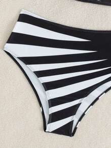 SHEIN Swim Bộ bikini một vai phối màu mới mùa hè 2 món/bộ và quần bơi cạp cao, bộ bikini thể thao thường ngày cho nữ - Đen và trắng - Xem 5