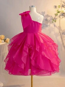 SHEIN Tween Girls' Exaggerated Ruffle One Shoulder Bow Organza Dress - Hot Pink - View 4
