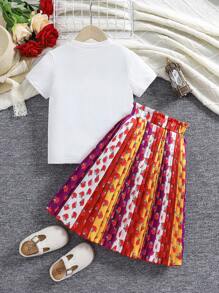 SHEIN Set 2 bucăți pentru fetițe cu imprimeu grafic, cu gât rotund, cu mâneci scurte și fuste - Multicolor - Vizualizare 2