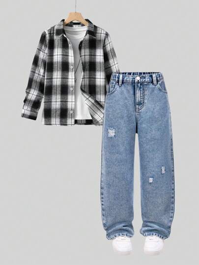 SHEIN Tween Boy Ripped Individualistic Simple All-Match Versatile Full Length Funny Wind Comfortable Straight Leg Jeans Chic Outfits For Autumn/Winter
