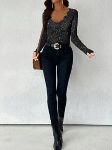 SHEIN PETITE 女士贝壳领紧身 T 恤，时尚金属银色特殊面料图案 T 恤 - 黑色 - 查看 5