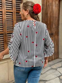 Flirla Plus Size Striped Heart Print 3/4 Sleeve Ruffled Crew Neck Blouse,Valentine - Black and White - View 2