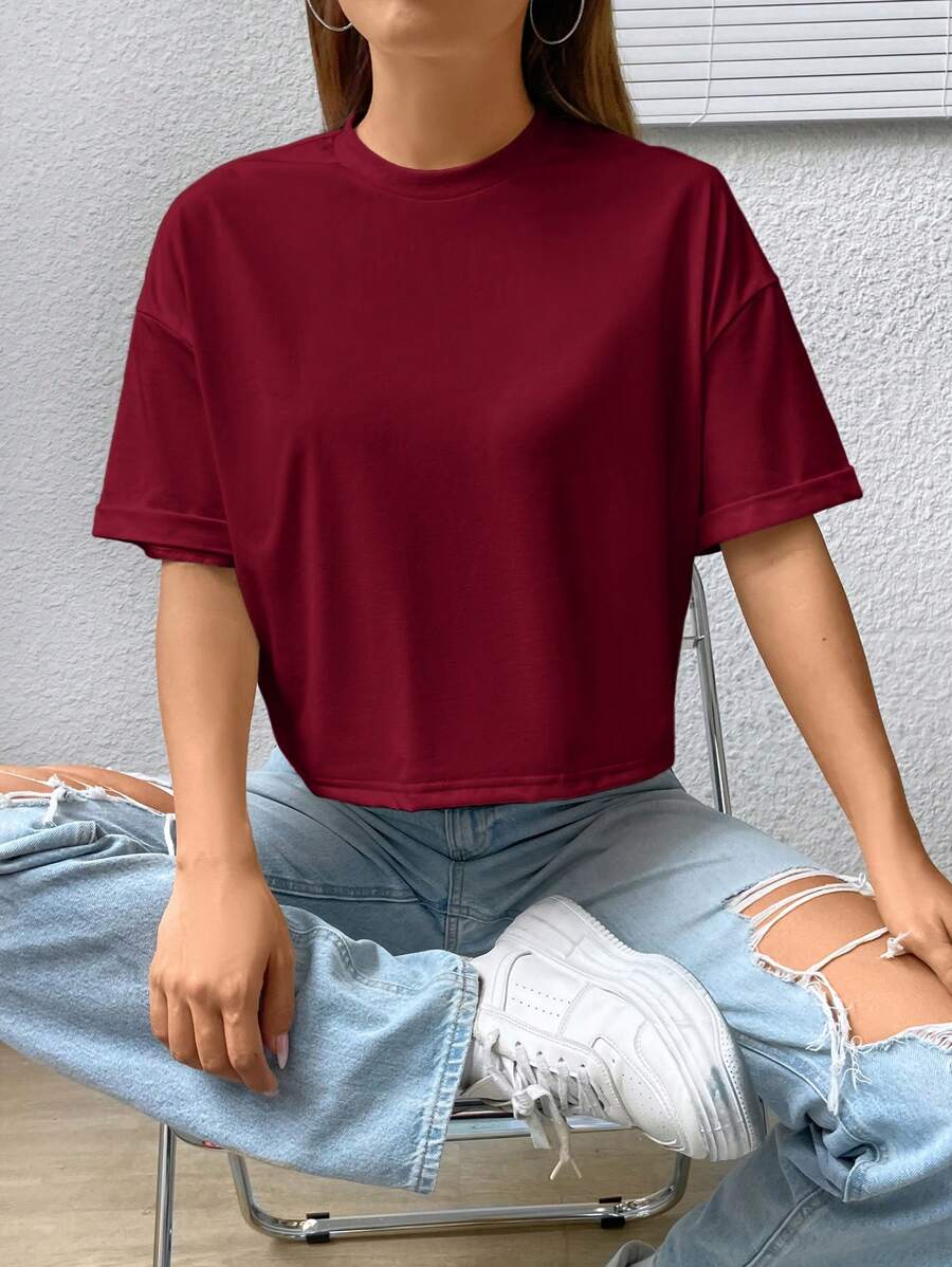 SHEIN EZwear Camiseta de verano casual blanca oversize de hombros caídos y de corte corto para mujer