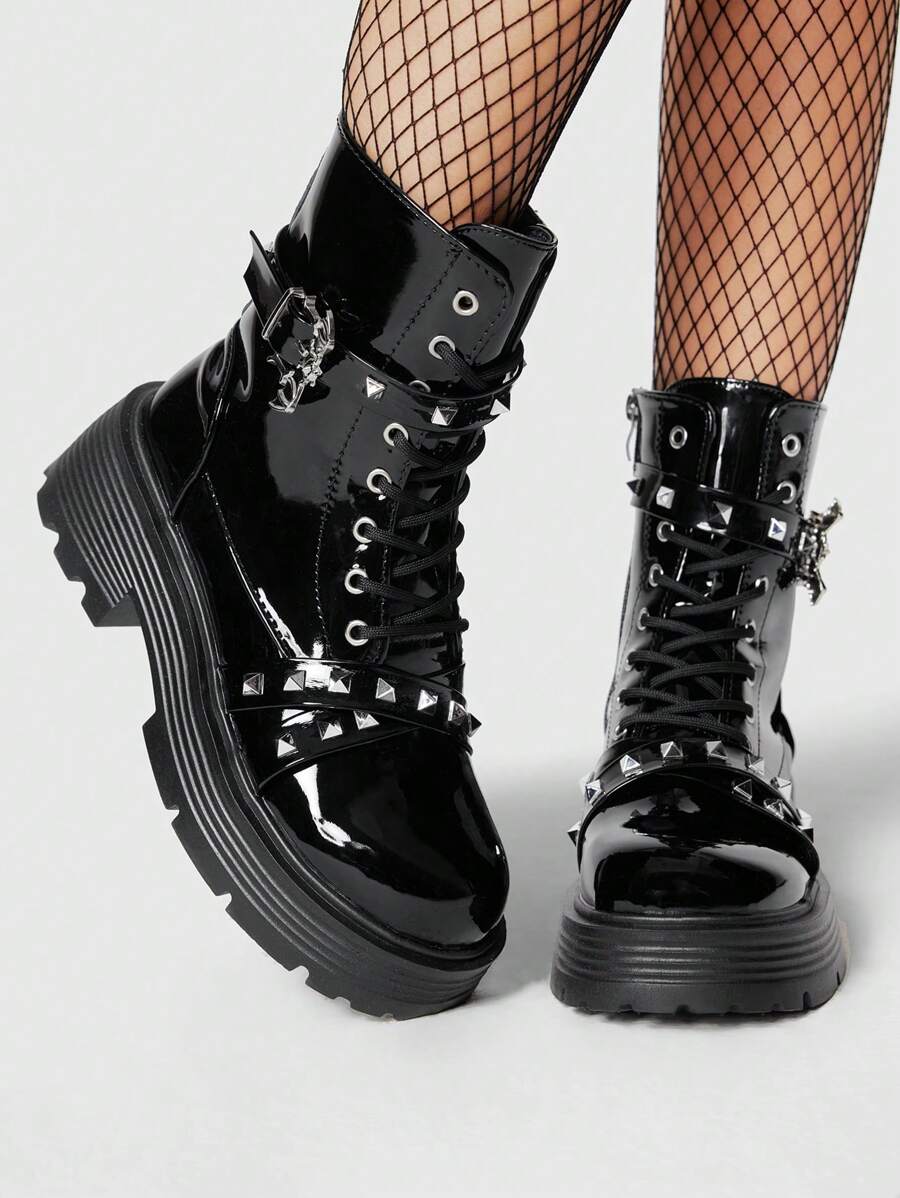 ROMWE Grunge Punk 女士欧美风格棕色、黑色蝙蝠哥特式系带骑士靴、摇滚厚底粗跟摩托车踝靴和短靴