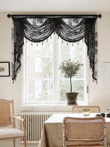 1pc Black Lace Heavy Curtain, Sweet Style With Exquisite Floral Ruffle Edge And Curtain Heading, Suitable For Living Room And Bedroom Windows/Doors Decor, Christmas Home Decor,Fall Decor,Autumn Decor,Room Decor - Black - View 6