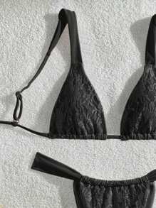 夏季女式印花比基尼上衣和下装套装，面料图案随机 - 黑色 - 查看 4