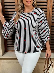Flirla Plus Size Striped Heart Print 3/4 Sleeve Ruffled Crew Neck Blouse,Valentine - Black and White - View 6