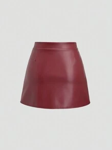 Sweetra 优雅复古高腰褶皱巴西 PU 皮革侧开叉喇叭 A 字型迷你裙，适合女士 Y2K 服装 - 紅色 - 查看 2