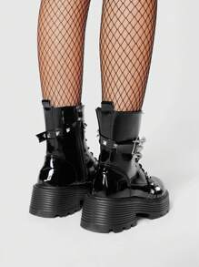 ROMWE Grunge Punk 女士欧美风格棕色、黑色蝙蝠哥特式系带骑士靴、摇滚厚底粗跟摩托车踝靴和短靴