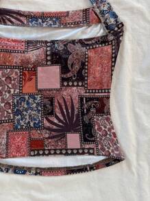 Soleia 女士度假露背上衣，拼布复古图案，元素，褶皱露背系带吊带背心 - 彩色 - 查看 6