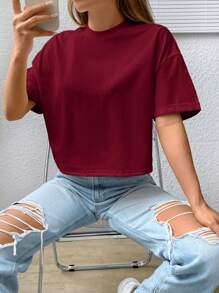 SHEIN EZwear Camiseta de verano casual blanca oversize de hombros caídos y de corte corto para mujer