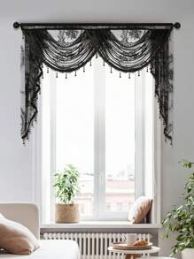 1pc Black Lace Heavy Curtain, Sweet Style With Exquisite Floral Ruffle Edge And Curtain Heading, Suitable For Living Room And Bedroom Windows/Doors Decor, Christmas Home Decor,Fall Decor,Autumn Decor,Room Decor - Black - View 9