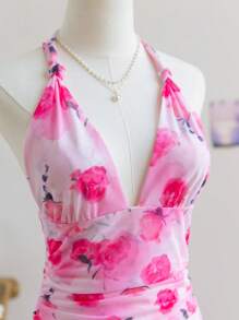 Soleia Vestido corto de mujer con estampado de flor de rosa romántica del Día de San Valentín, tipo halter, para vacaciones - Rosa - Ver 5
